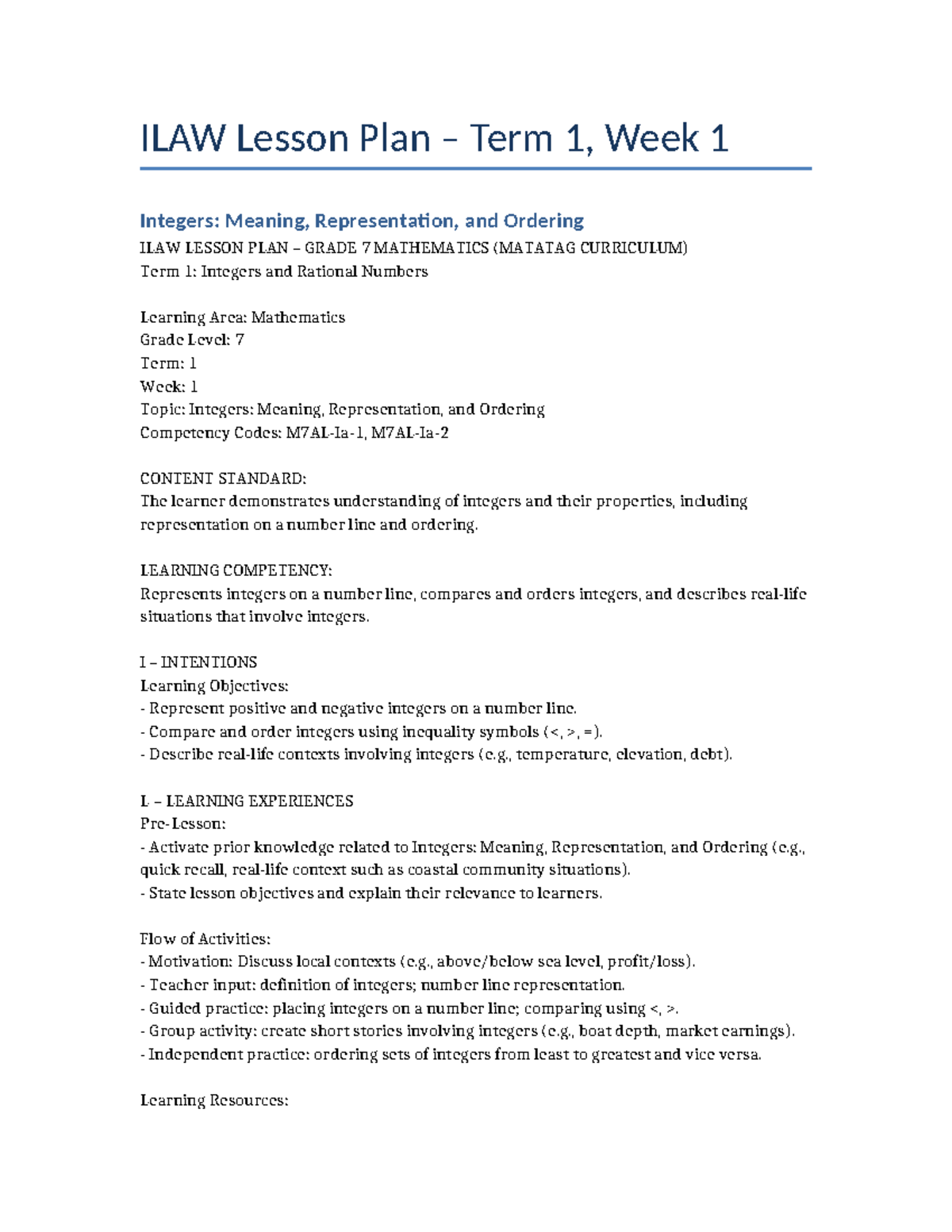 ILAW G7 Math Term1 Week1 Integers Meaning, R - ILAW Lesson Plan – Term ...