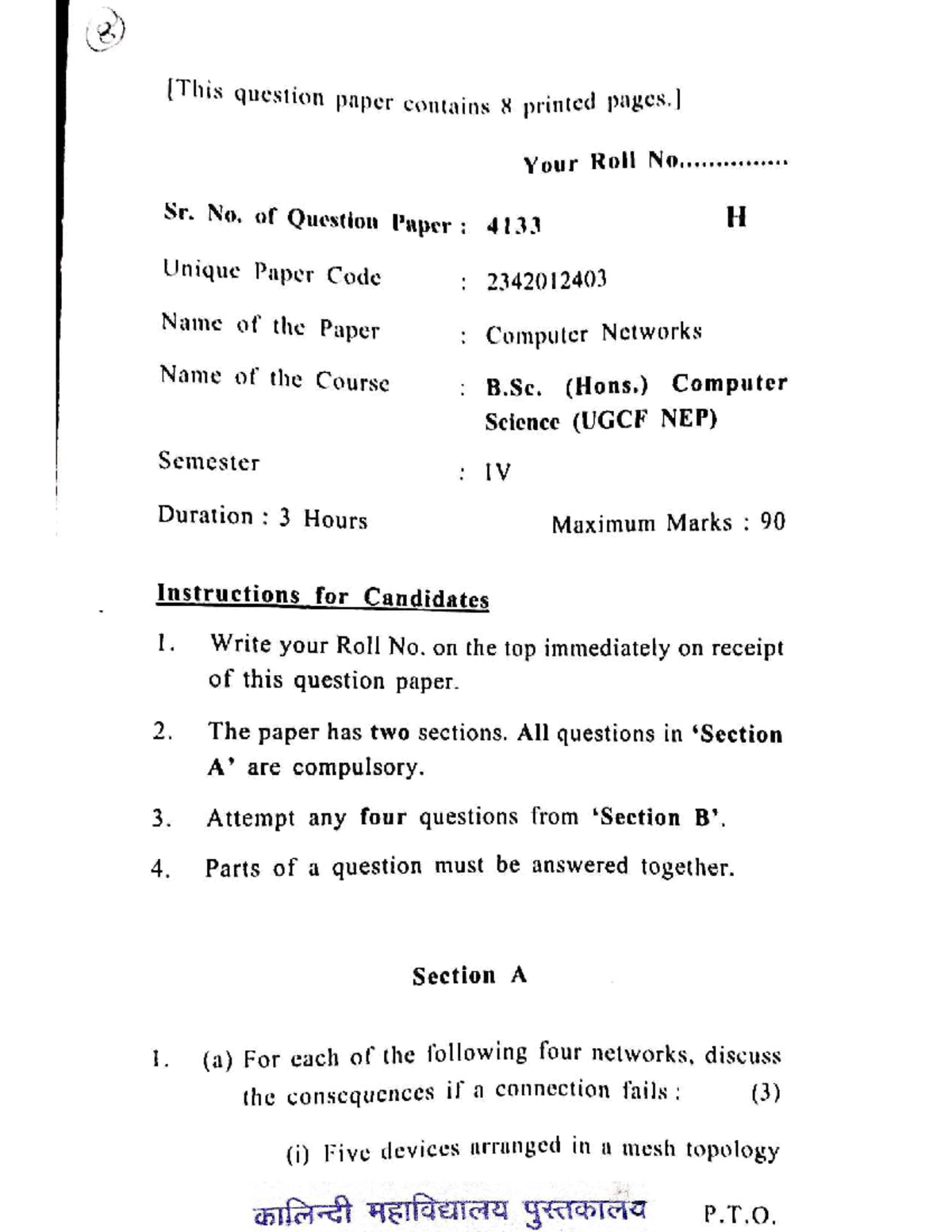 B.Sc. (Hons.) Computer Science (UGCF NEP) IV Sem Computer Networks ...