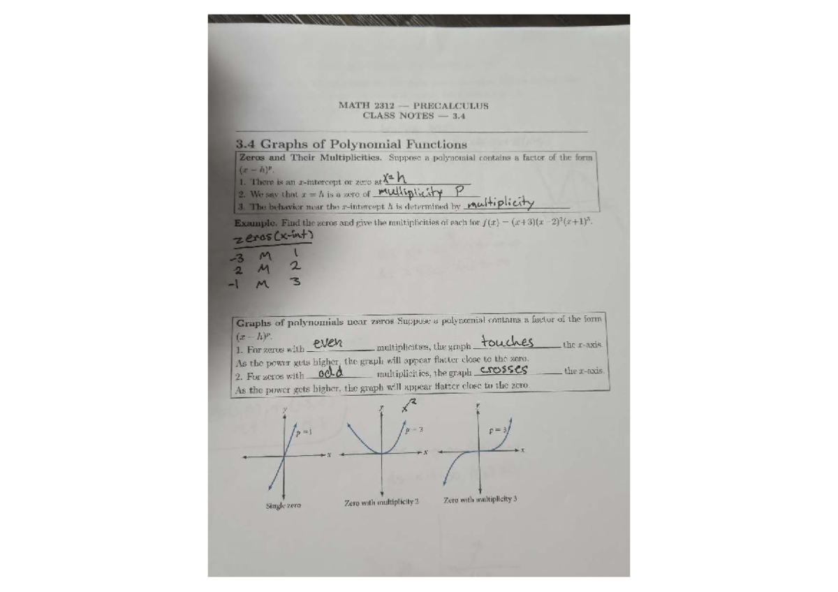 MATH 2312 Precalculus Class Notes: Graphs of Polynomial Functions - Studocu
