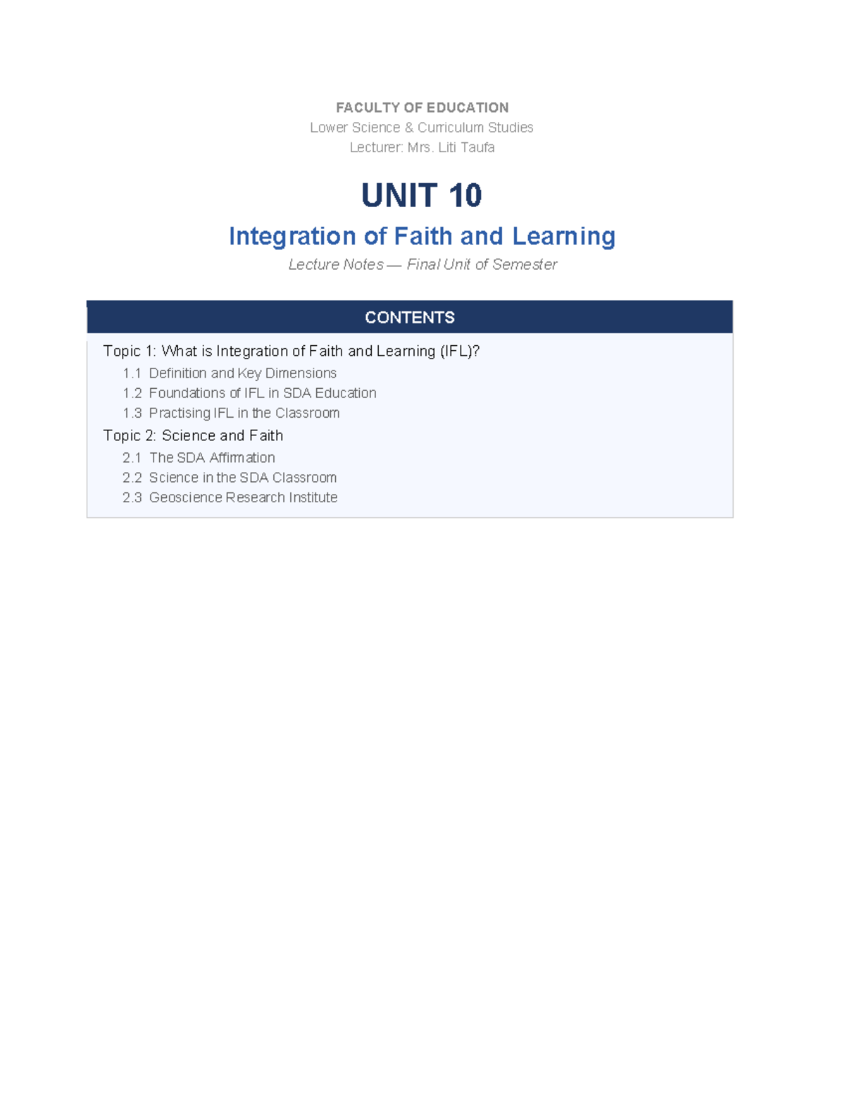 EDU 101: Integration of Faith and Learning - Final Lecture Notes - Studocu