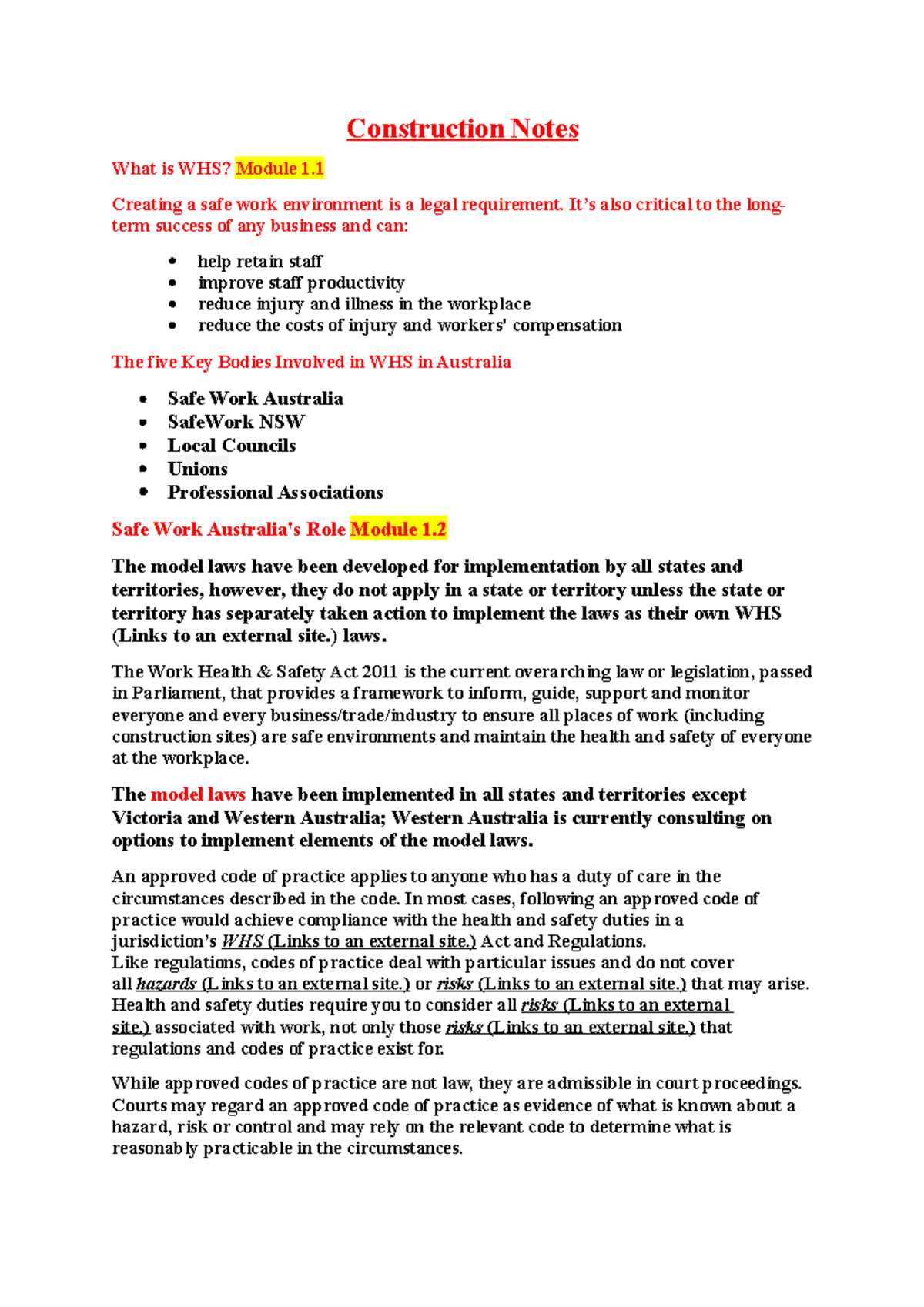 Construction Notes - Construction Notes What is WHS? Module 1. Creating ...