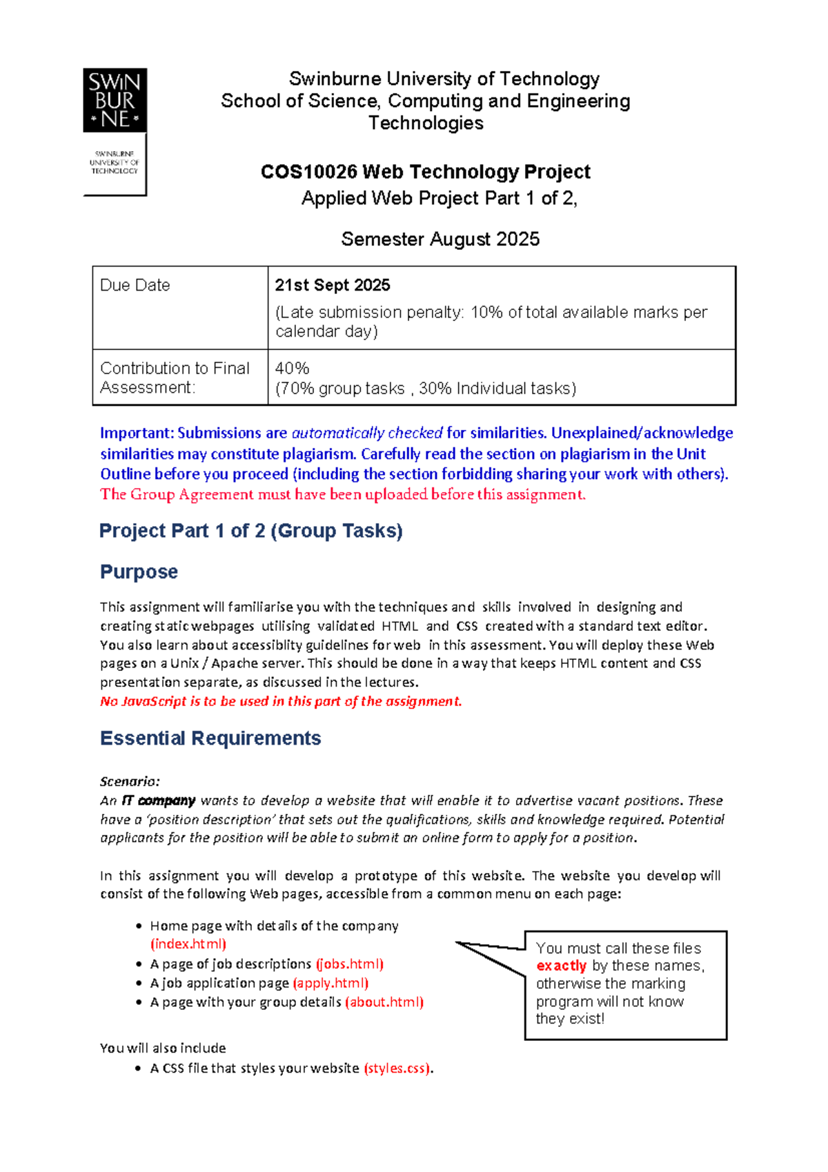 COS10026 Web Technology Project Part 1: Group Tasks Overview (Aug 2025 ...