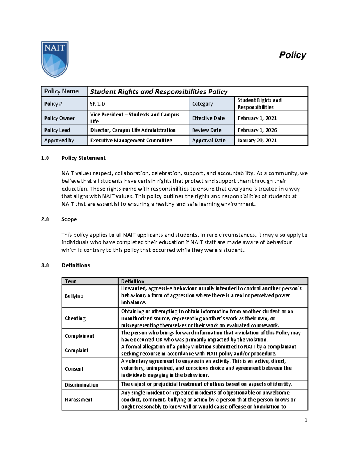SR 1.0 Student Rights & Responsibilities Policy Overview and Guidelines ...