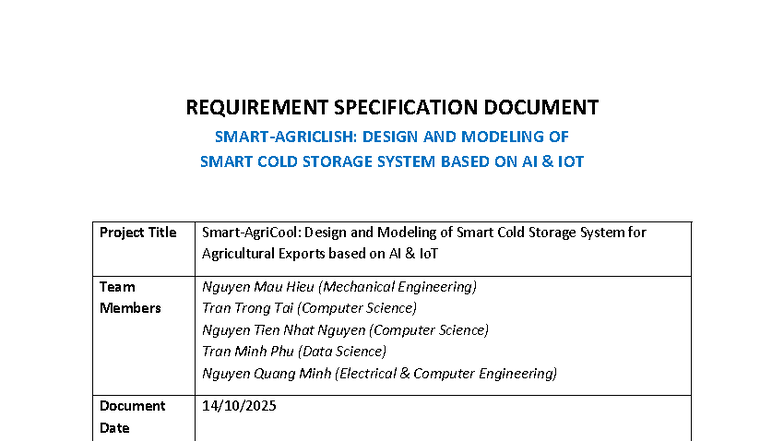 REQUIREMENT SPECIFICATION FOR AI IoT SMART COLD STORAGE SYSTEM - Studocu