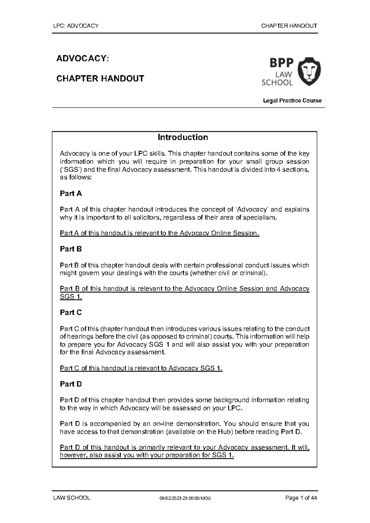 LPC Advocacy Chapter Handout 2022-23: Key Skills & Assessment Guide ...