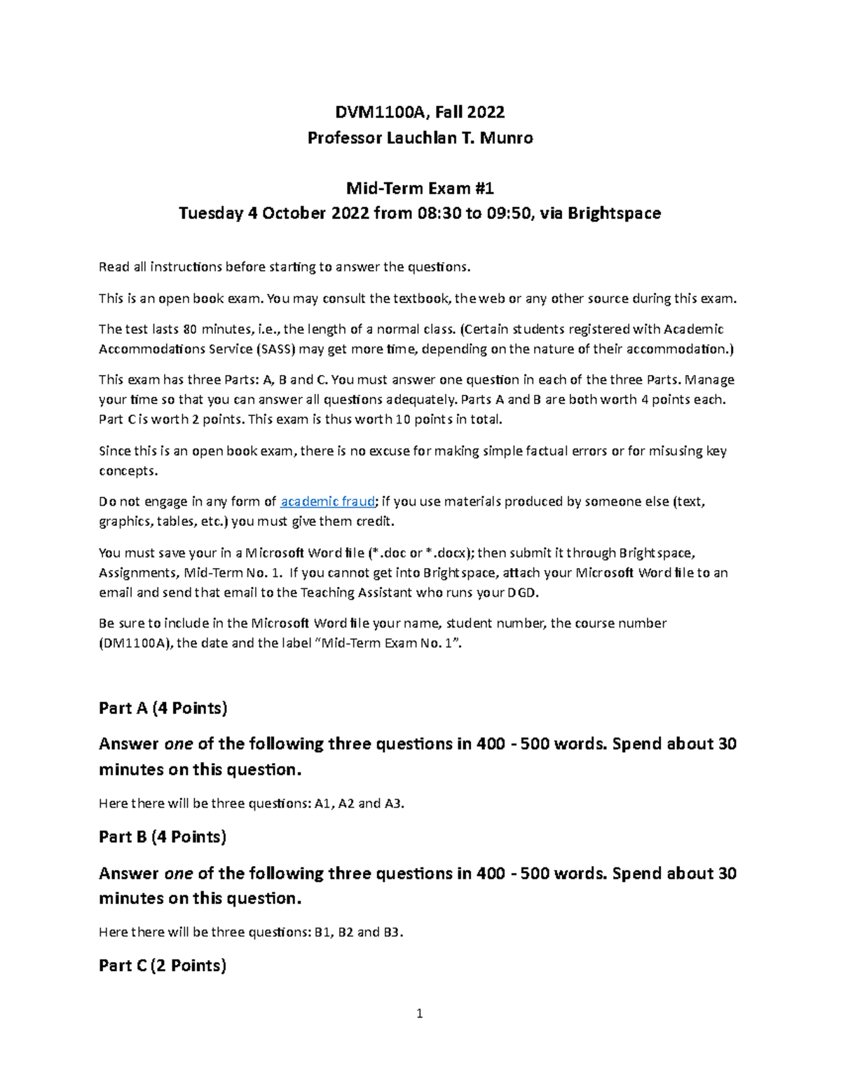 DVM1100A Fall 2022 Mid-Term Exam 1 Instructions & Format Guide - Studocu
