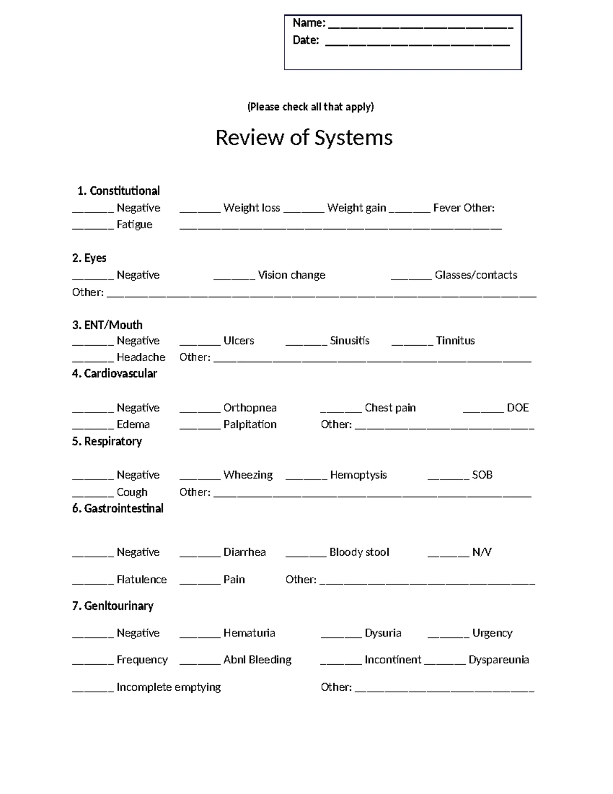 REVIEW OF SYSTEMS TEMPLATE - MEDICAL ASSESSMENT FORM - Studocu