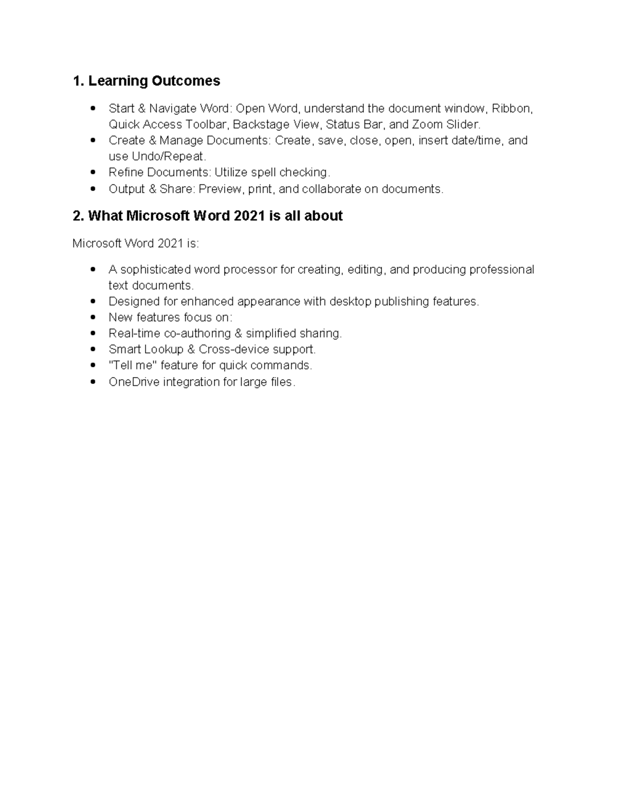 COMP 101: Microsoft Word 2021 Learning Outcomes and Key Features - Studocu