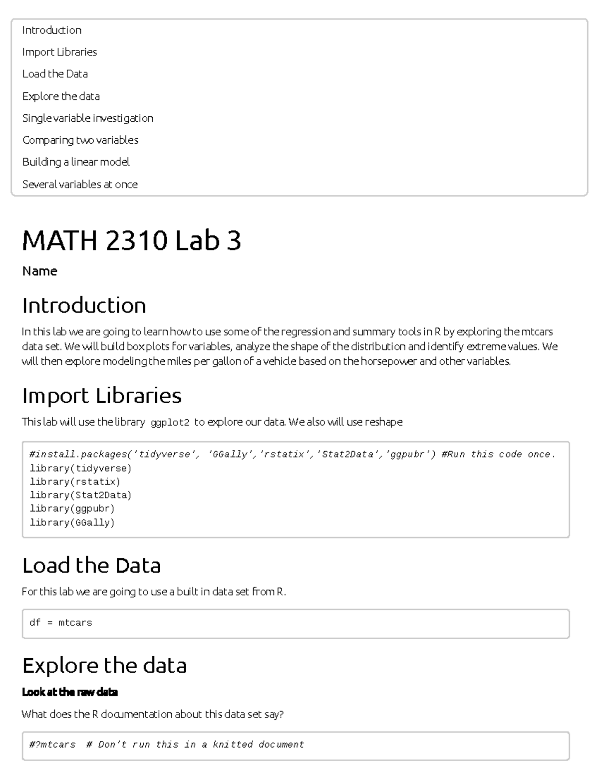 MATH 2310 Lab 3 solution - Import Libraries Load the Data Explore the ...