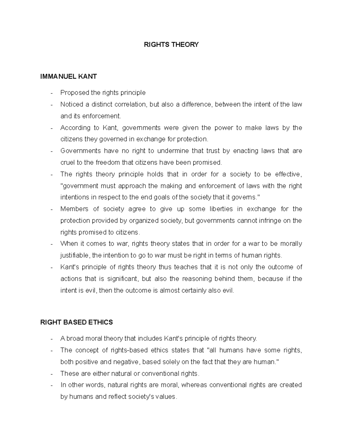 Rights Theory - Lecture Notes on Kant & Ethics (Lectures 1-3) - Studocu