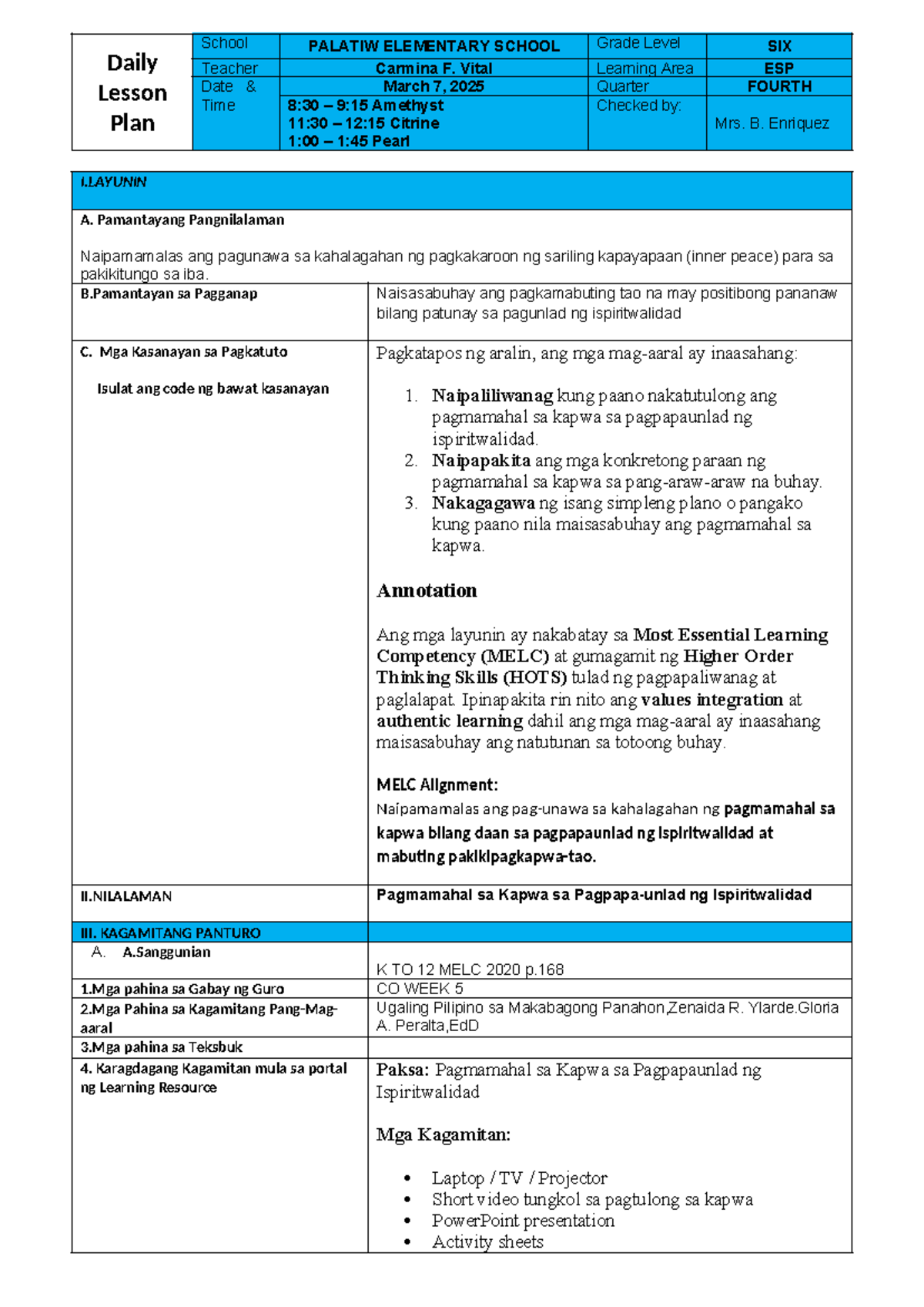 ESP Q4 Daily Lesson Plan for Observation at Palatiw Elementary - Studocu