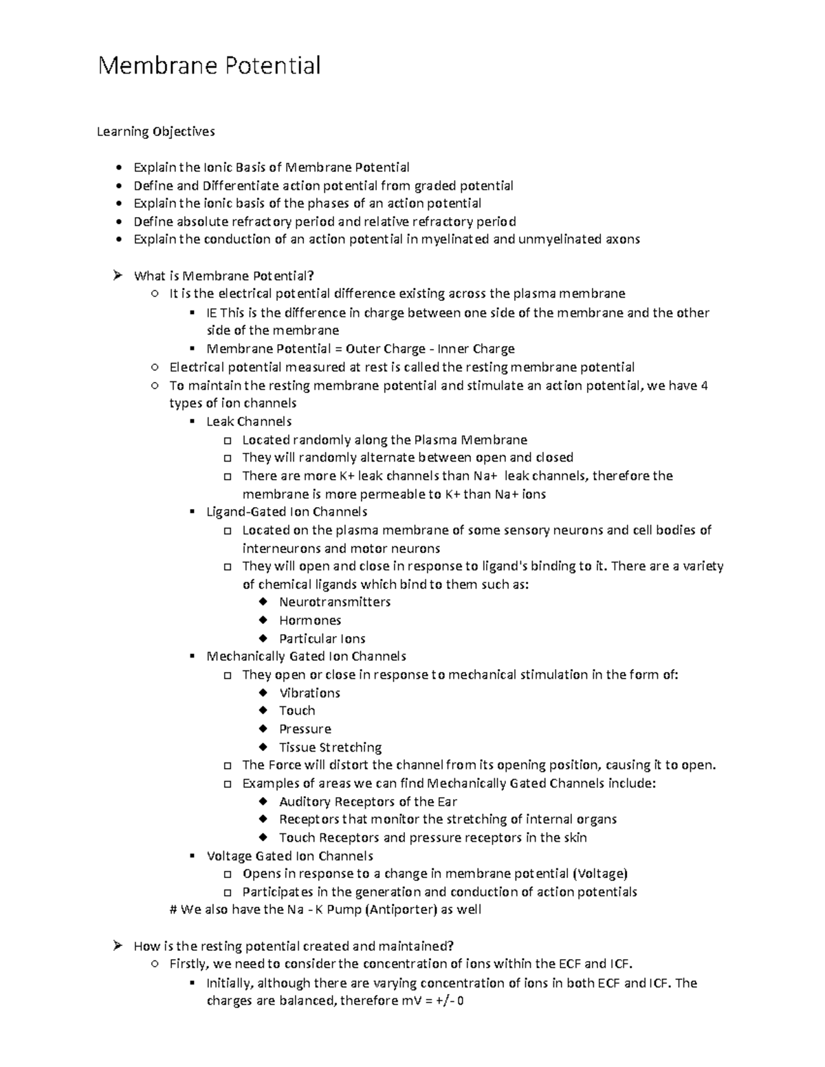 Notes on Membrane Potential - Learning Objectives Explain the Ionic ...