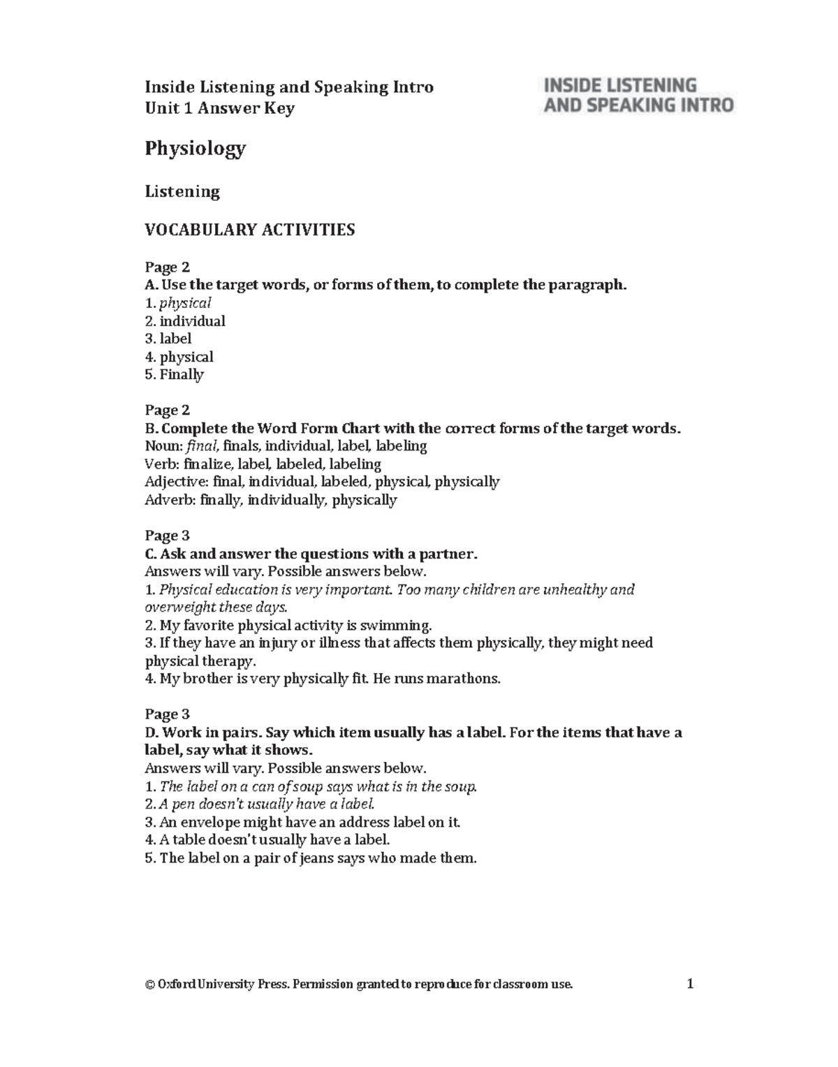 Inside Listening Speaking Intro AK: Unit 1 Answer Key and Vocabulary ...
