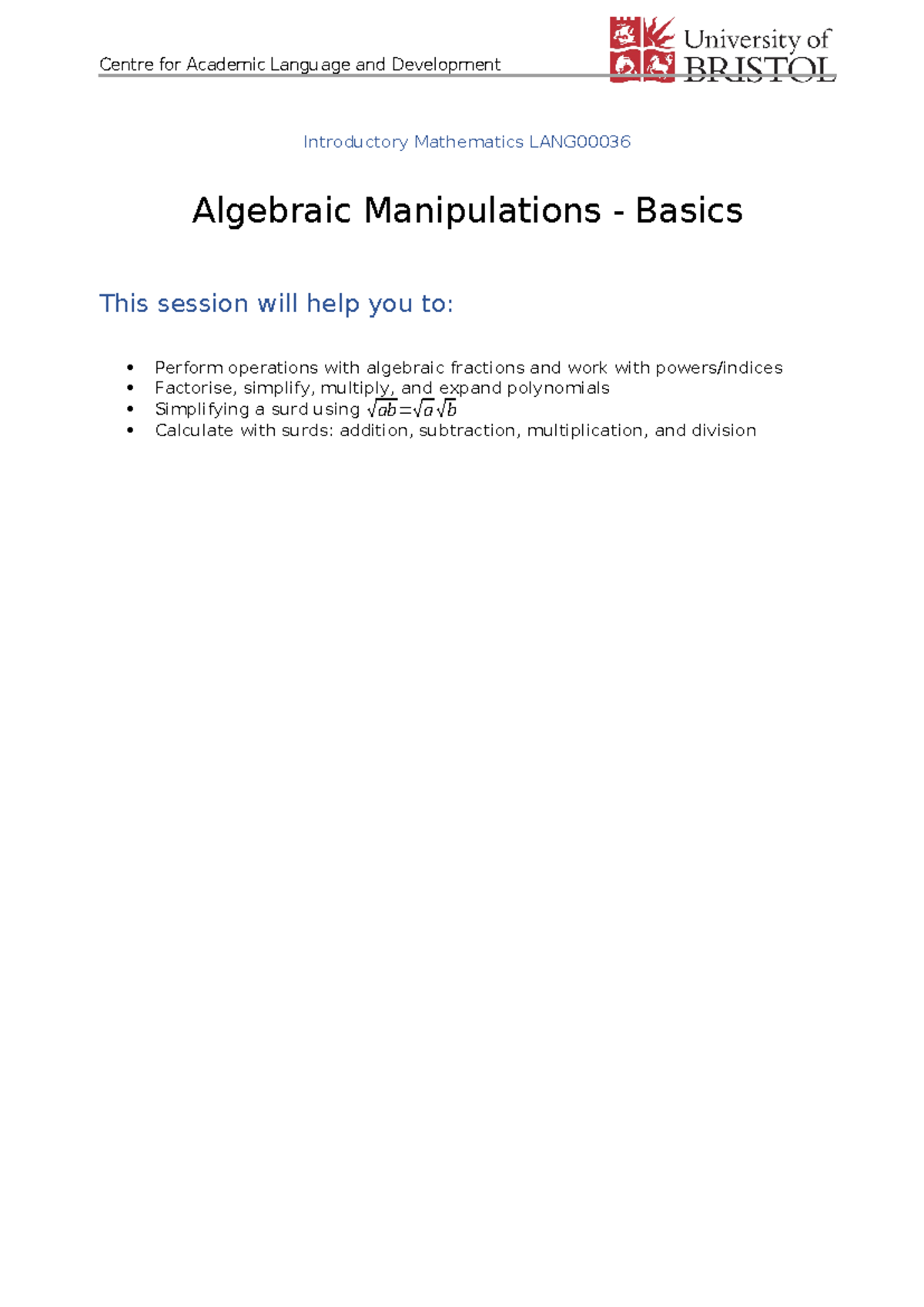 01a Algebraic Manipulation workbook 23-24 version - Introductory ...