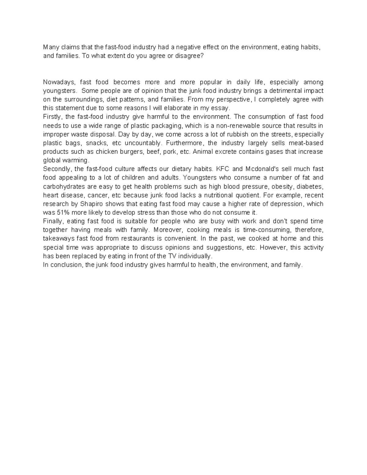 Fast Food Industry's Impact on Health & Environment - IELTS Essay - Studocu