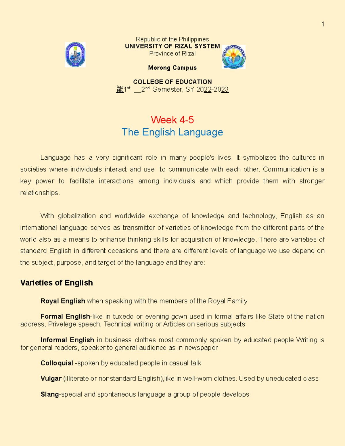 ENG 101 Week 4-5 Lecture Notes: The Varieties and Usage of English ...