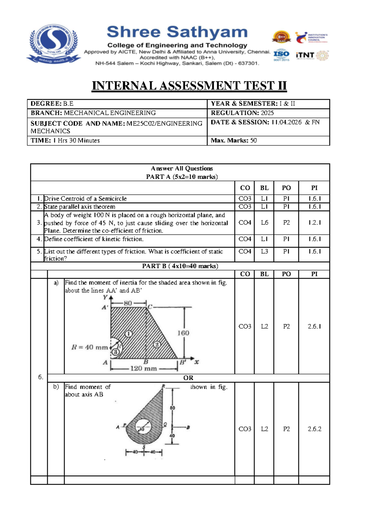 Engineering Mechanics Internal Assessment Test II - B.E. Mechanical ...