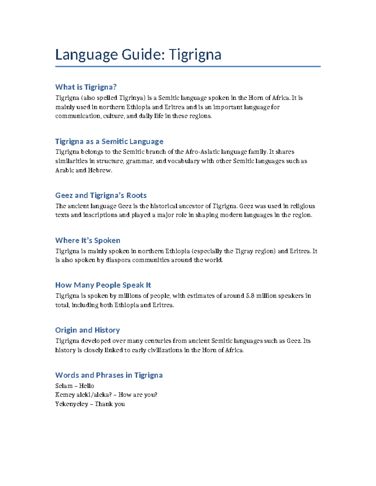 Tigrigna Language Guide: Overview and Key Features - Studocu