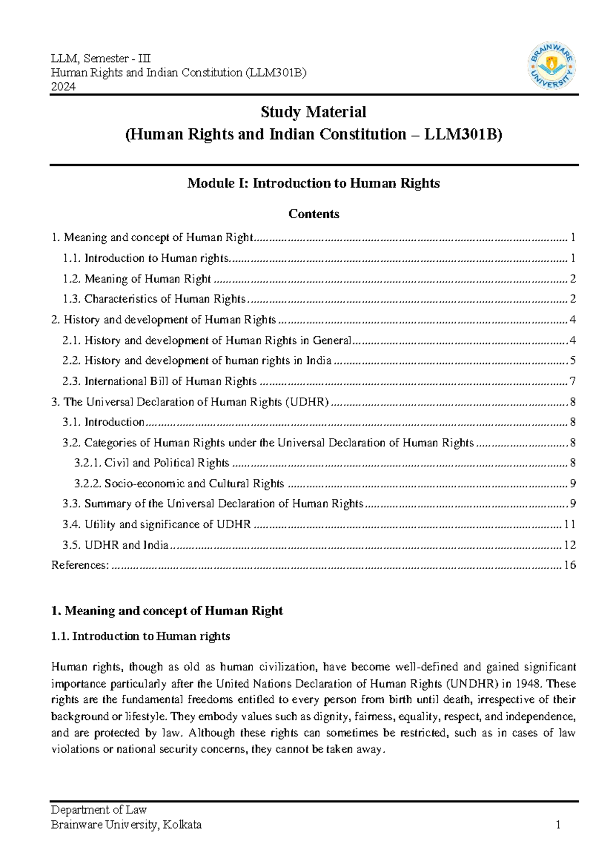 LLM301B Module I: Intro to Human Rights Study Material 2024 - Studocu