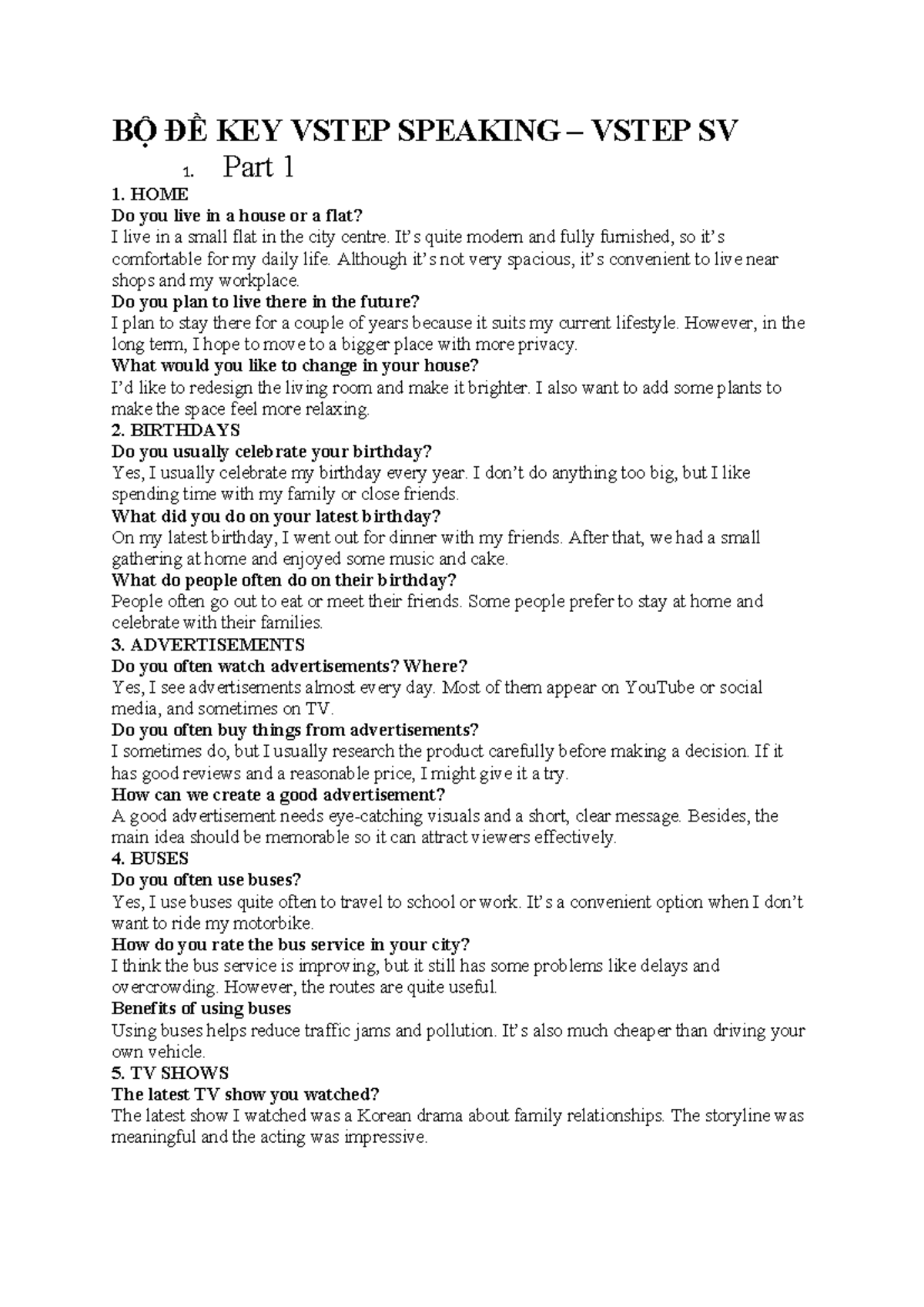 BỘ ĐỀ KEY VSTEP SPEAKING VSTEP SV - Comprehensive Study Guide - Studocu