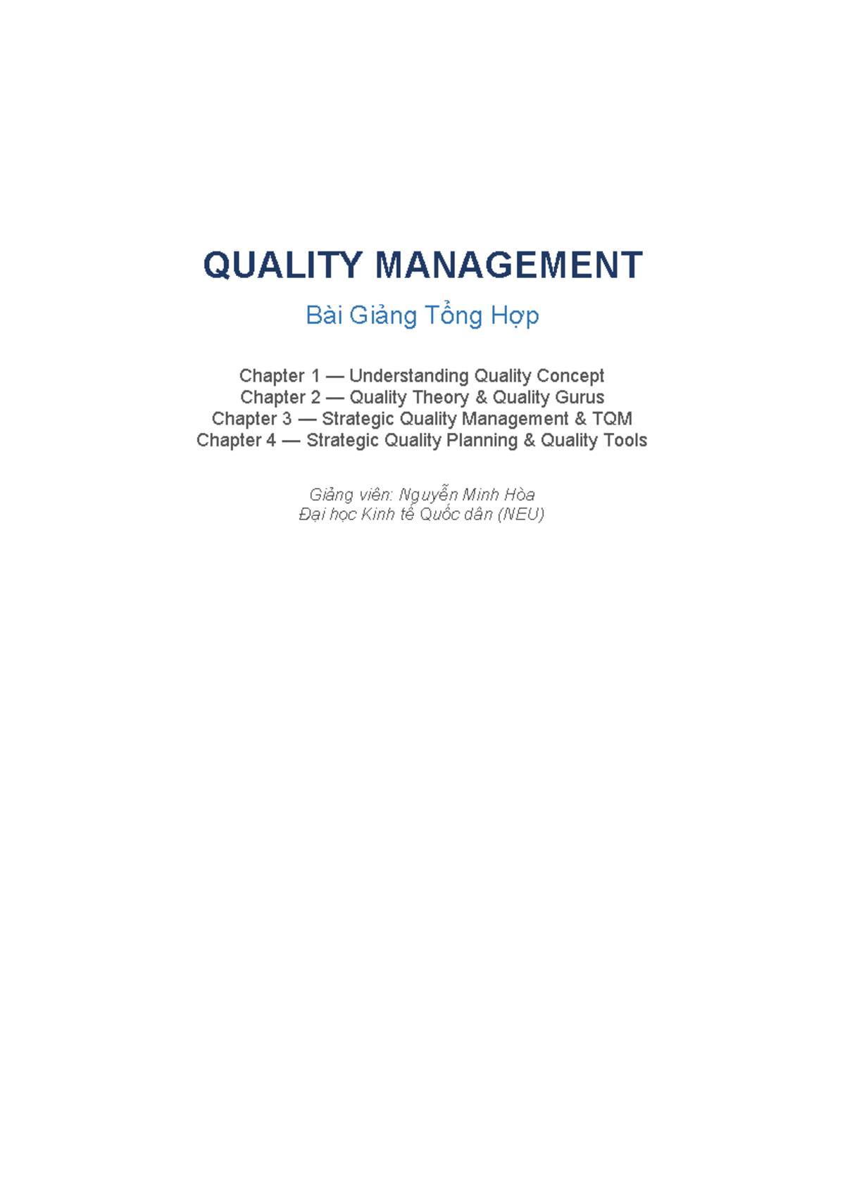 Quality Management (QM) Lecture Notes: Chapters 1-4 Overview - Studocu