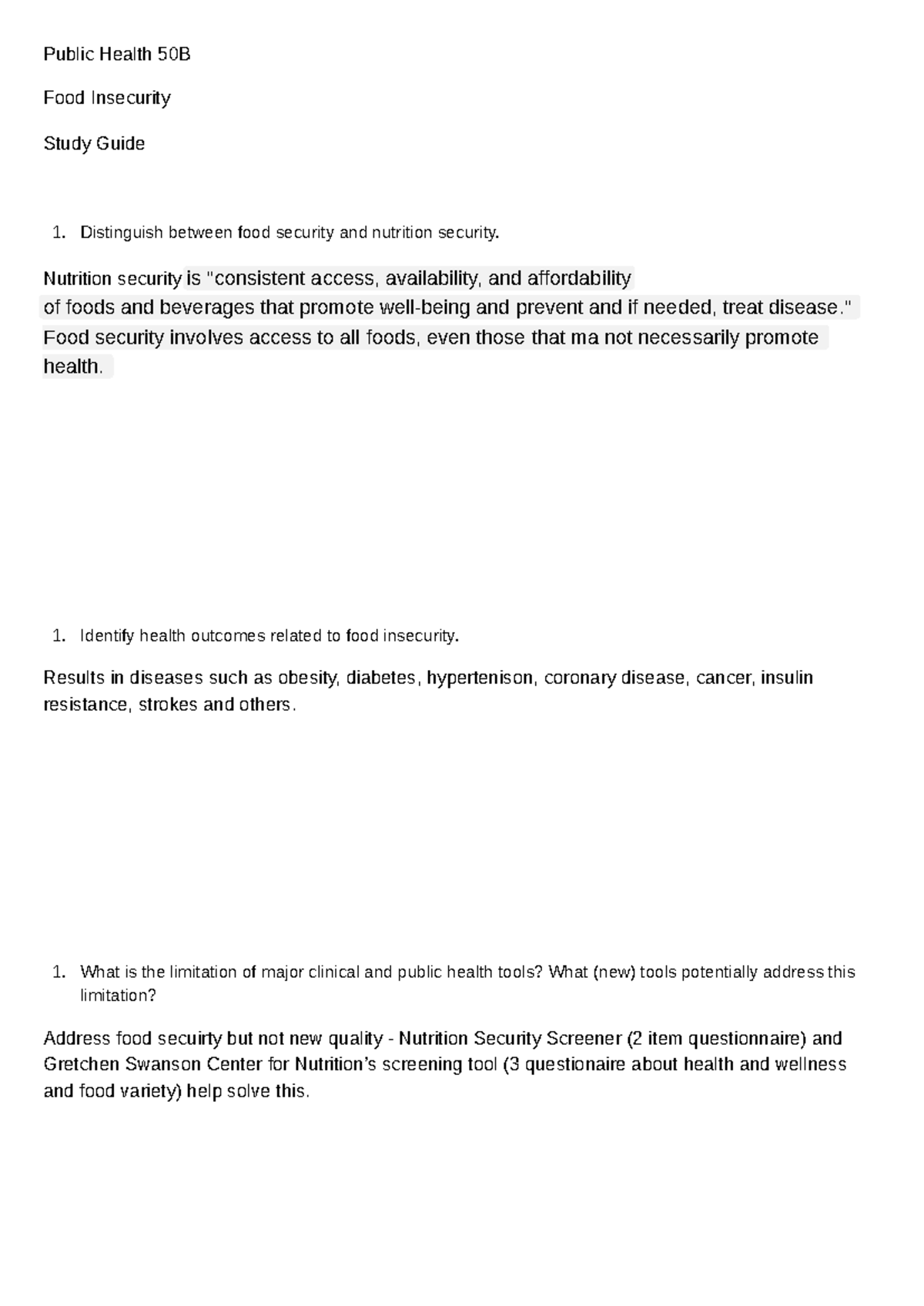 Food Insecurity Study Guide - 1. 1. 1. Public Health 50B Food ...