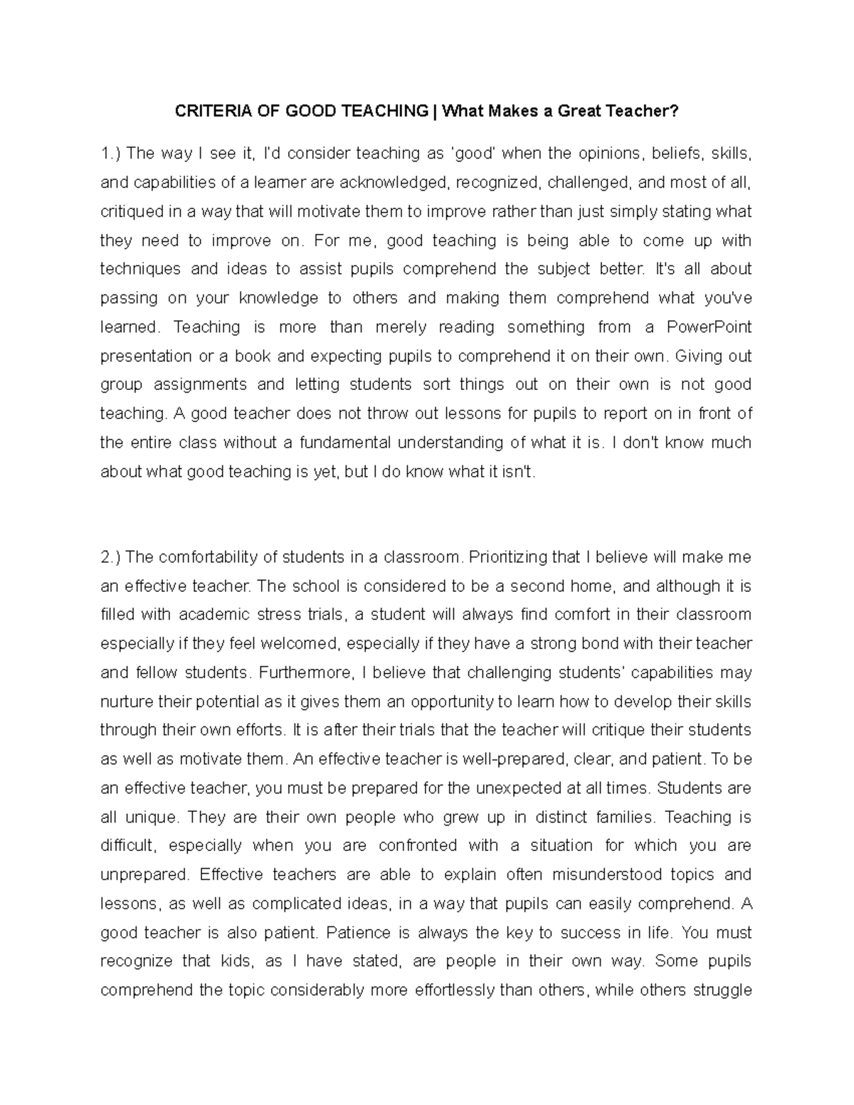 CRITERIA OF GOOD TEACHING (What Makes a Great Teacher) - CRITERIA OF ...