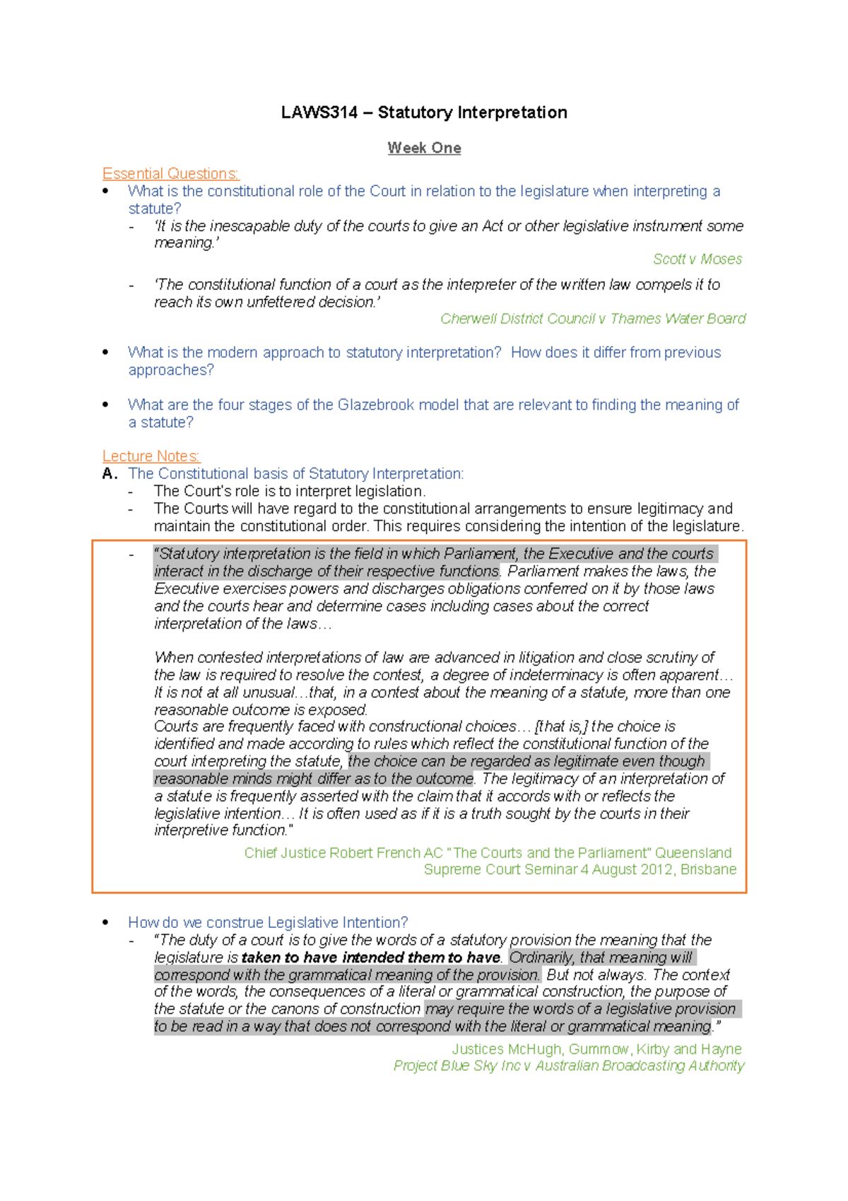 LAWS314 - Weekly Notes - LAWS314 – Statutory Interpretation Week One ...