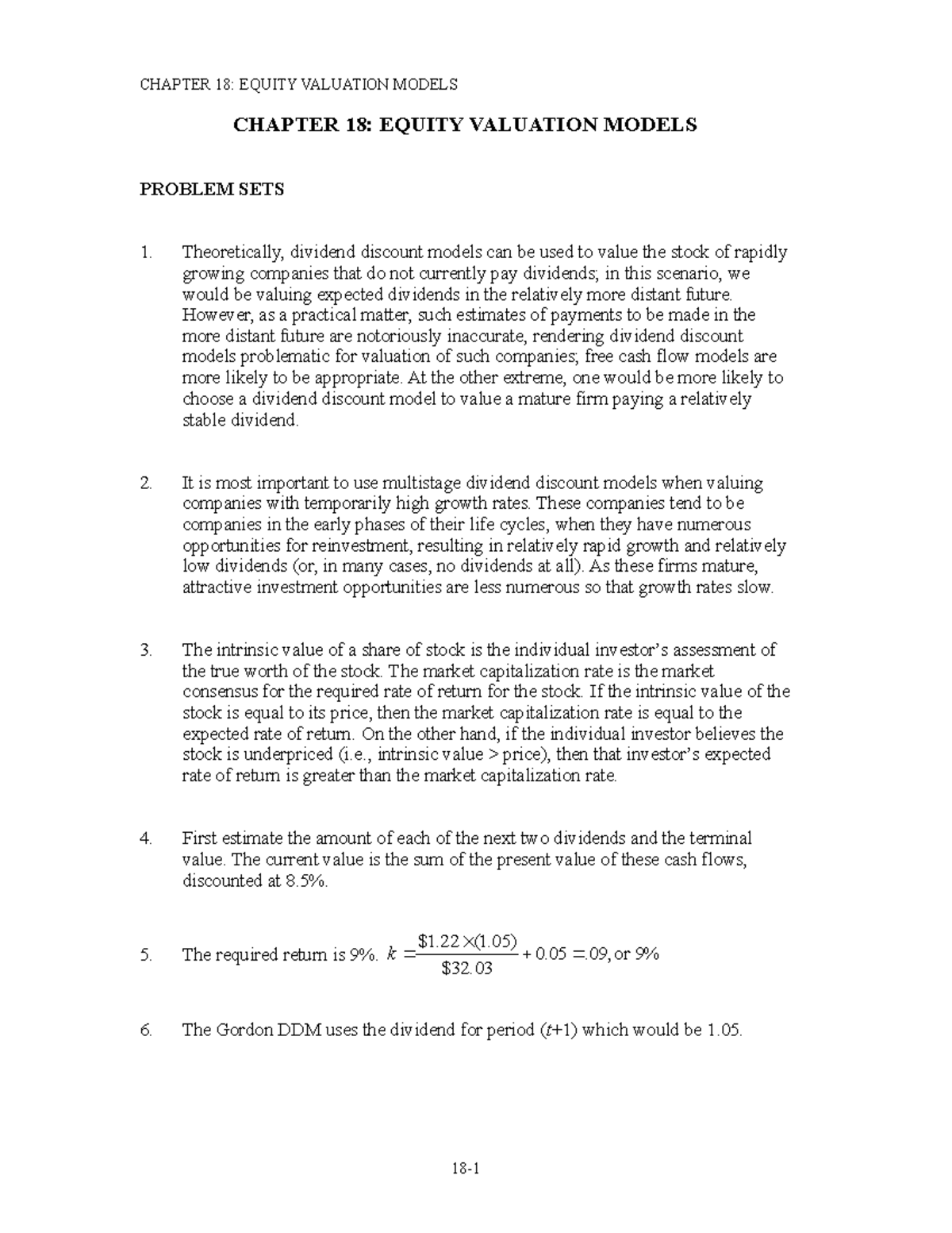 Chapter 18 Solutions: Equity Valuation Problem Set (CFA) - Studocu