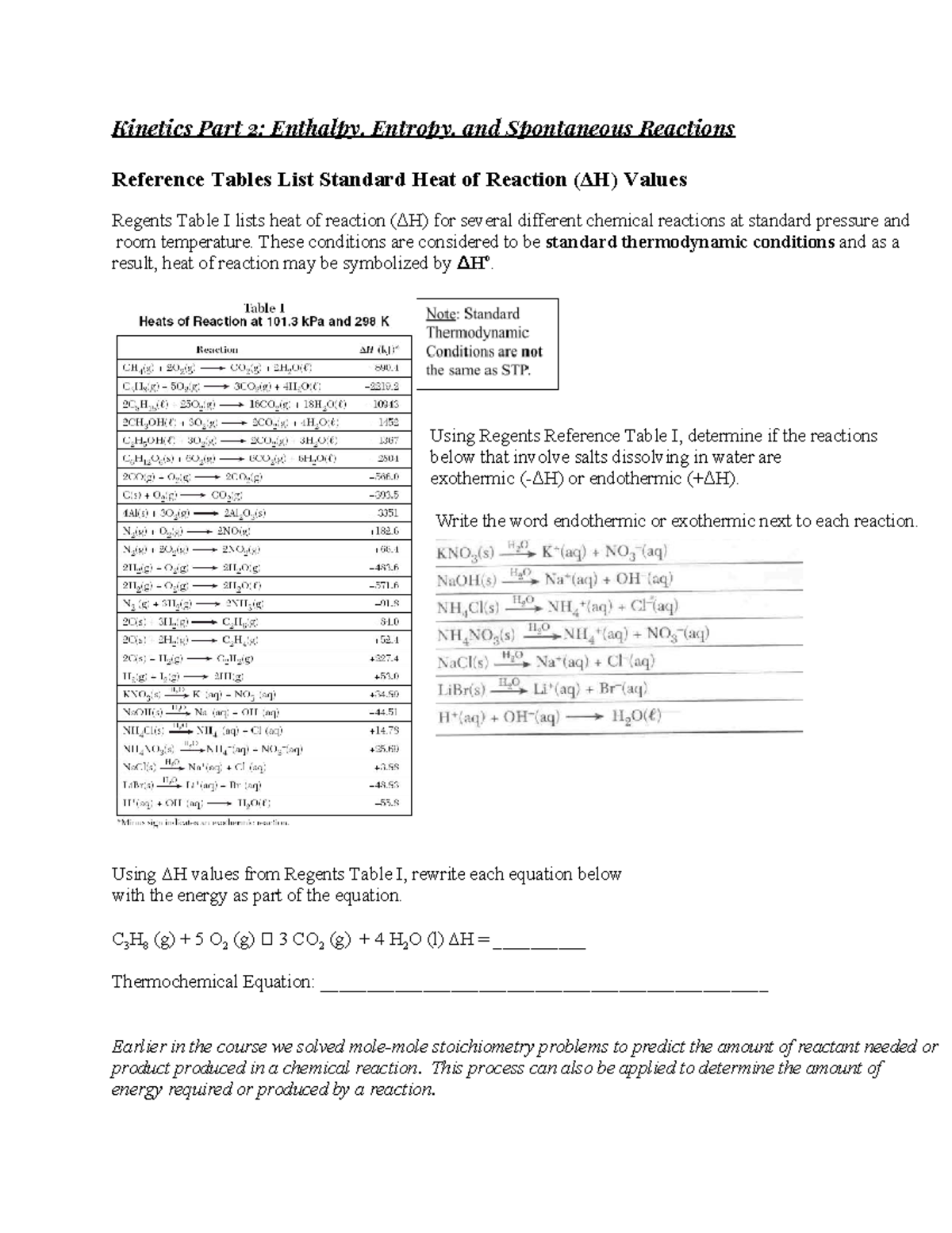 Kinetics Part 2: Enthalpy and Spontaneous Reactions Worksheet - Studocu