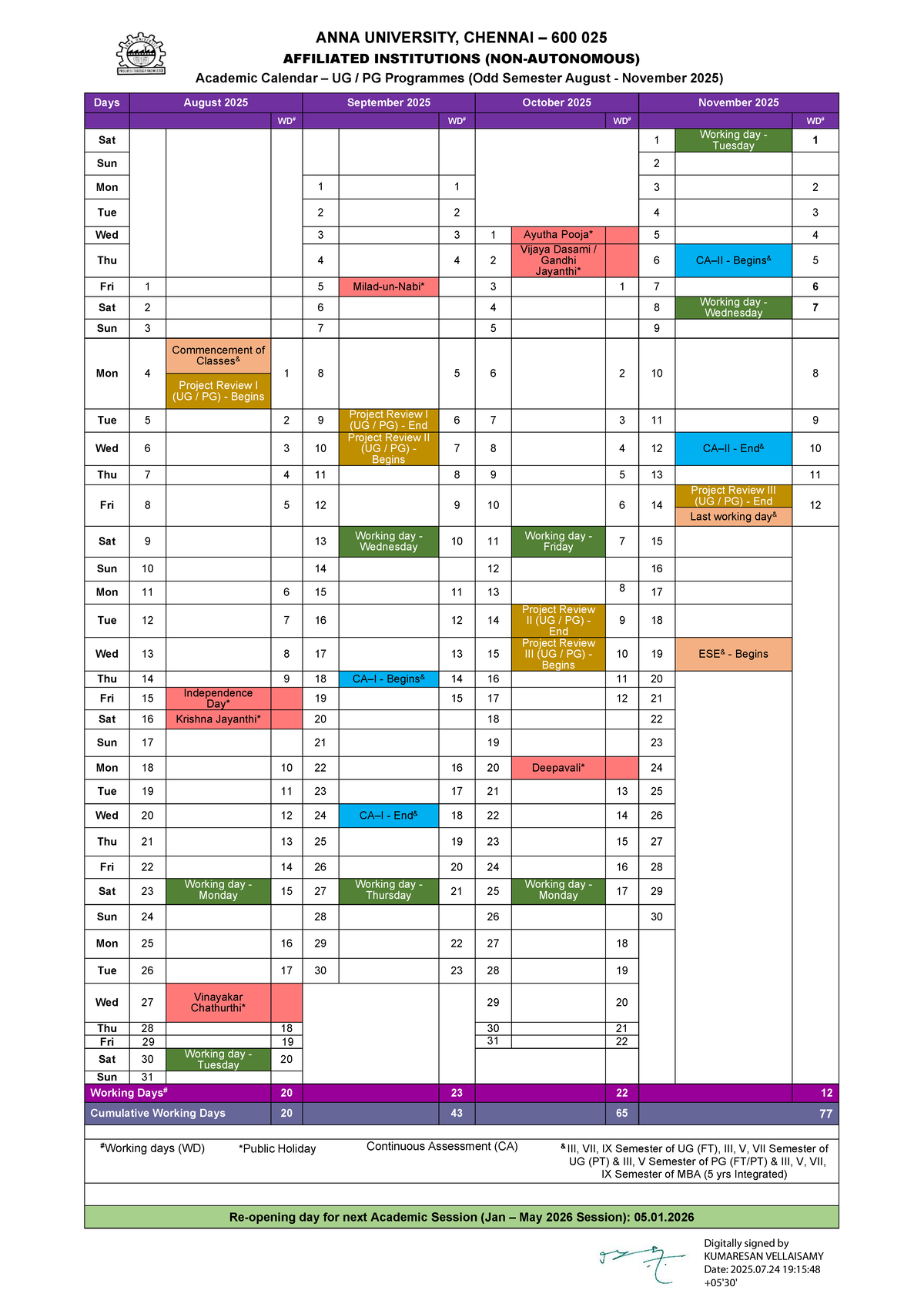 Anna University Academic Calendar for UG & PG Programmes (Odd Sem 2025 ...