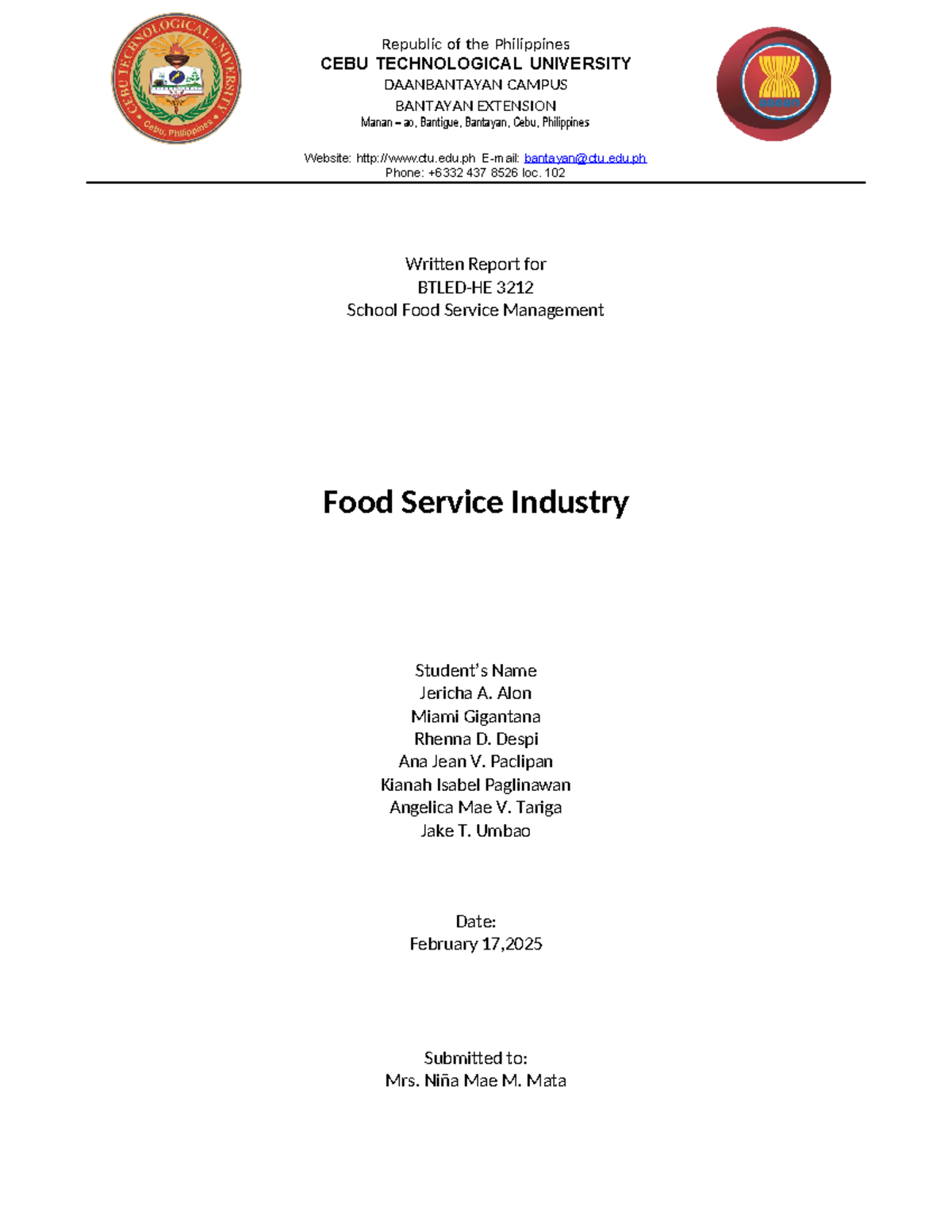 Written Report-Group-1 - Written Report for BTLED-HE 3212 School Food ...