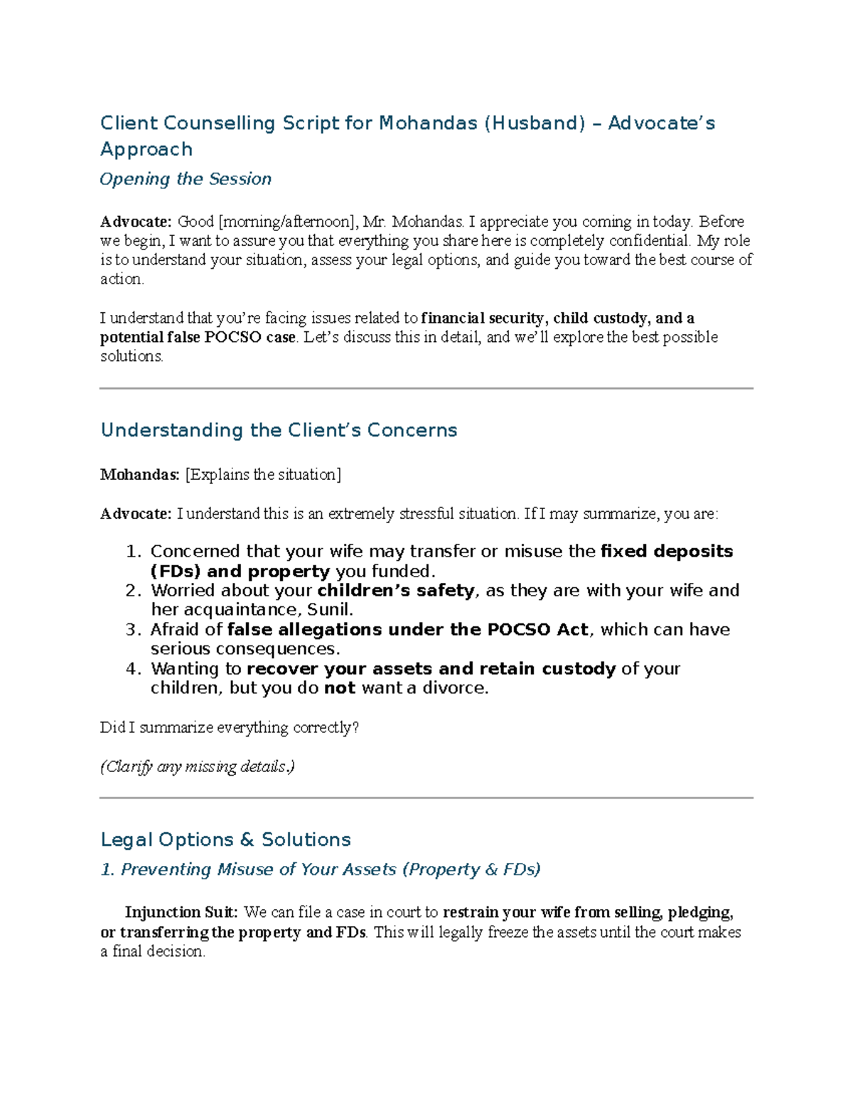Client Counseling Script: Legal Strategies for Mohandas (Husband) - Studocu