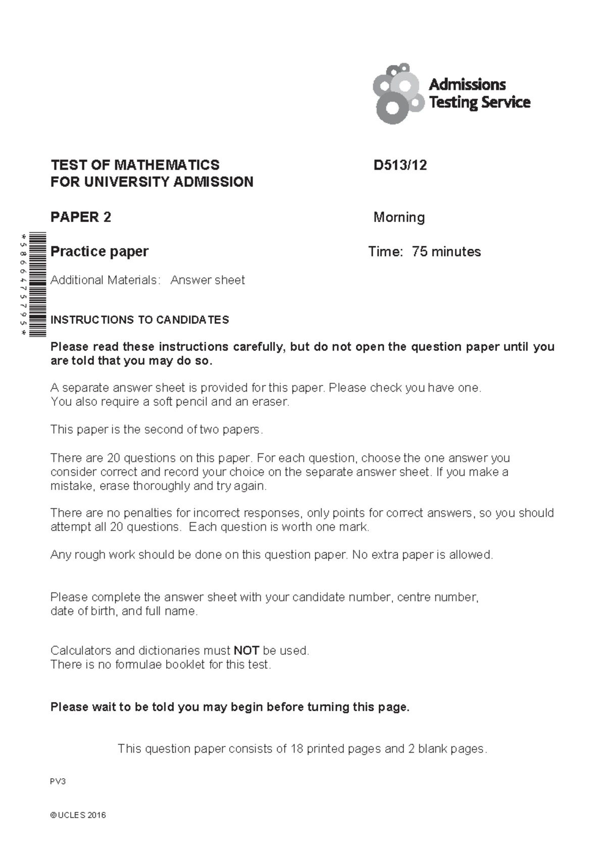 MATHEMATICS FOR UNIVERSITY ADMISSION 2016 PRACTICE PAPER 1 - Studocu