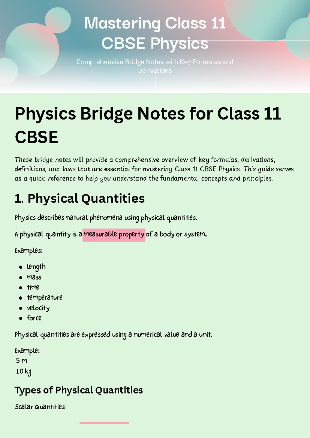 Comprehensive Physics Bridge Notes for Class 11 CBSE - Studocu