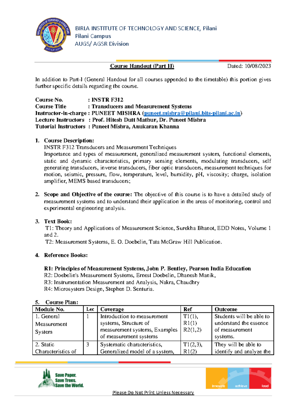 INSTR F312 Transducers & Measurement Systems - Course Handout Part II ...