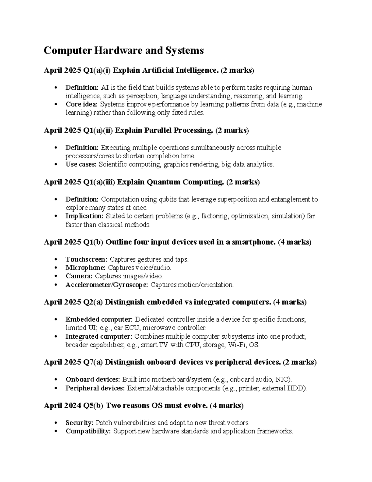 Computer Hardware and Systems April 2025 Exam Notes on AI, Processing ...