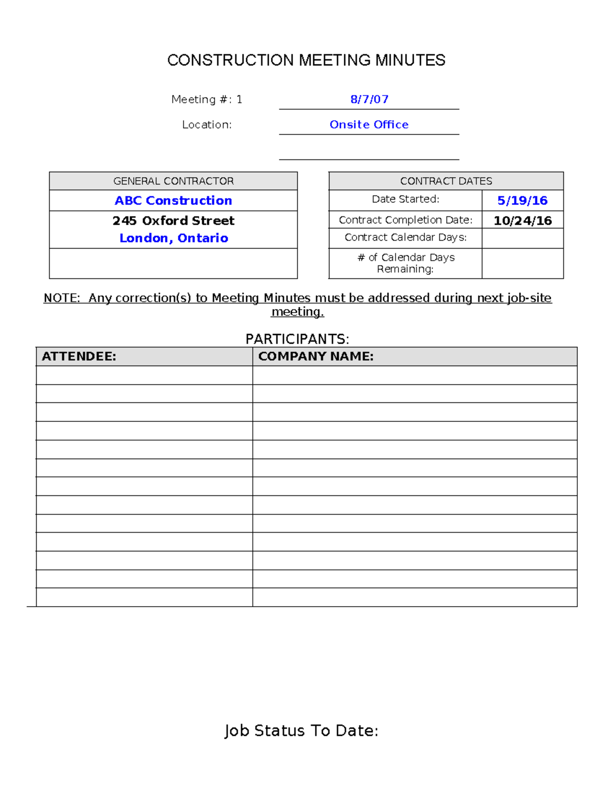 Meeting Minutes (Sample) - CONSTRUCTION MEETING MINUTES Meeting #: 1 8
