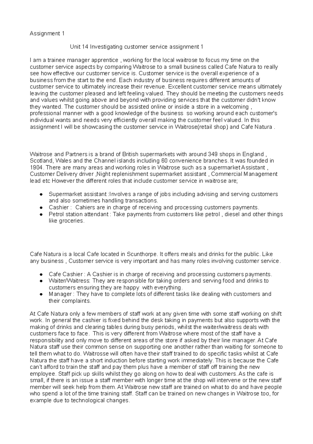 Unit 14 Assignment 1: Analyzing Customer Service at Waitrose & Cafe ...