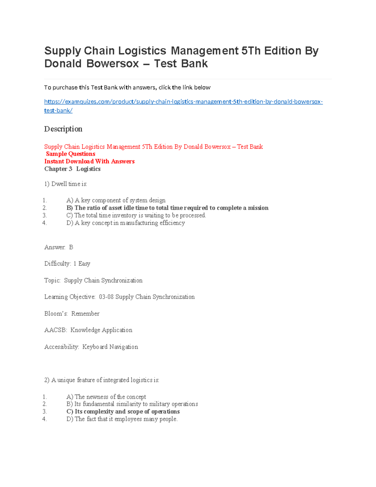 Supply chain logistics management 5th edition by donald bowersox test ...