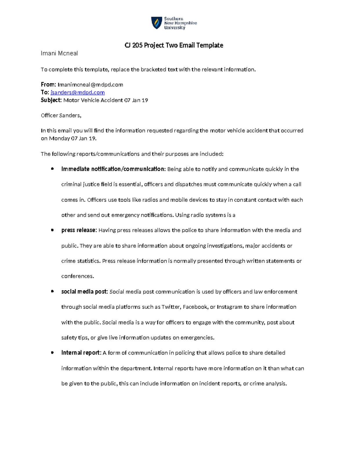 CJ 205 Project Two: Motor Vehicle Accident Email Template - Studocu