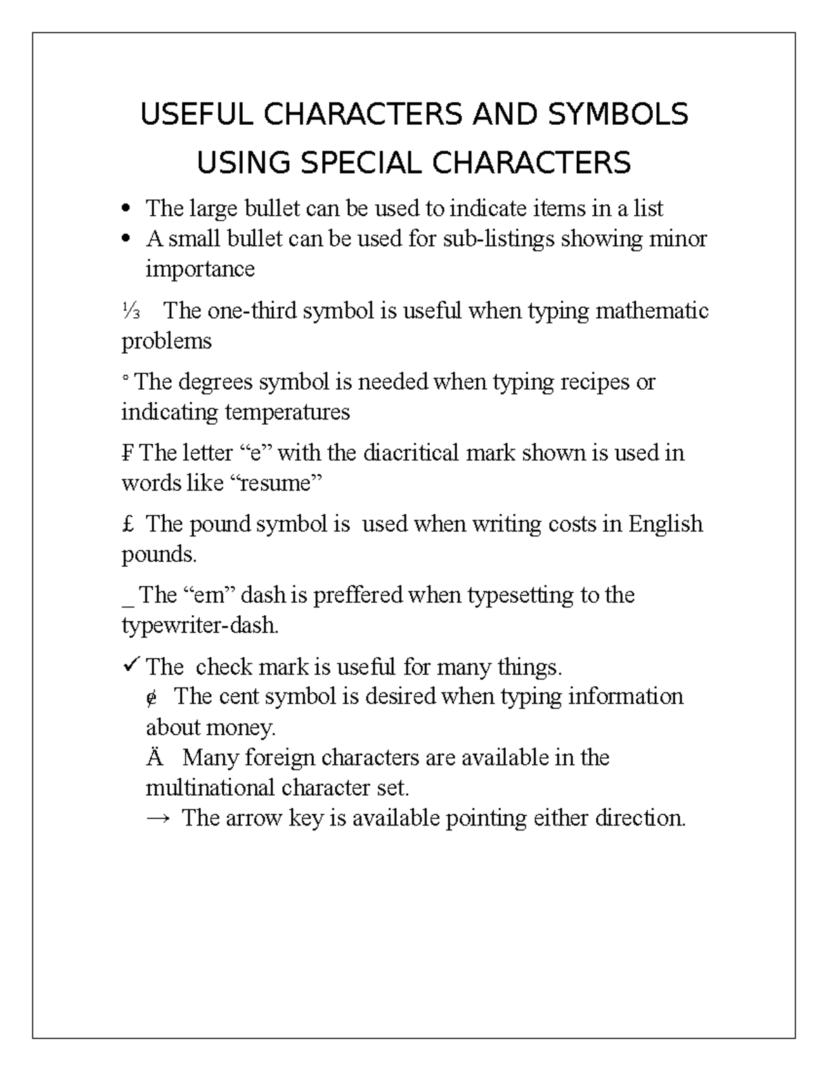 Useful Characters AND Symbols - USEFUL CHARACTERS AND SYMBOLS USING ...