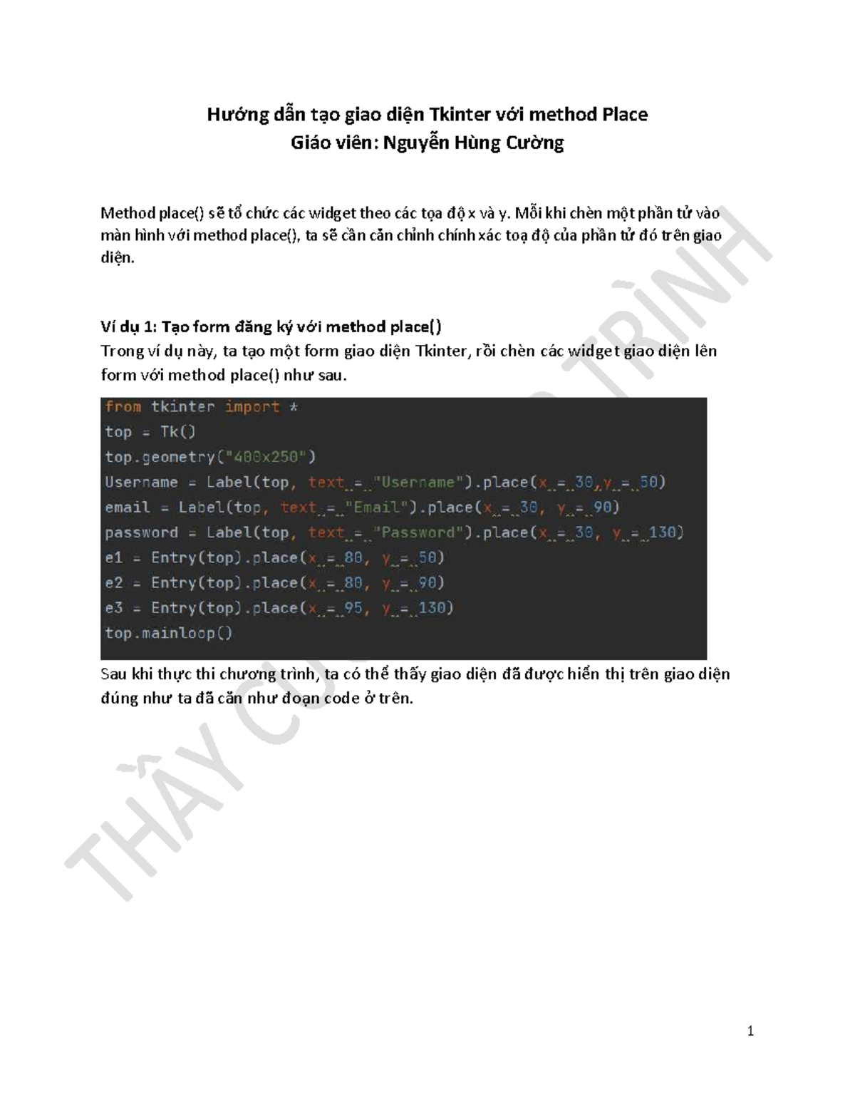 Hướng dẫn sử dụng method Place trong Tkinter - Giáo viên: Nguyễn Hùng ...