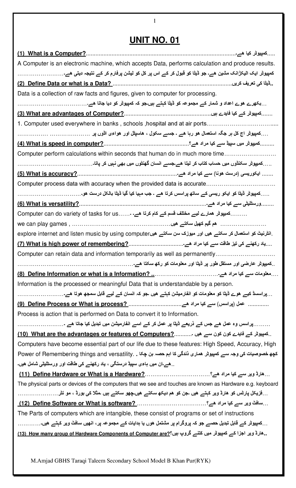 Chapter 01: Intro to Computers for 6th Class - Complete Notes - Studocu