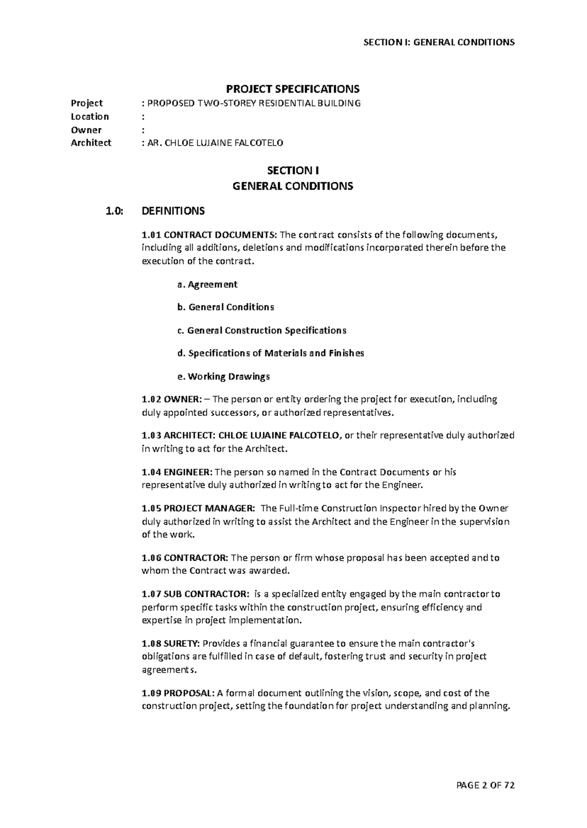 Section I: General Conditions for Proposed Residential Building Project ...