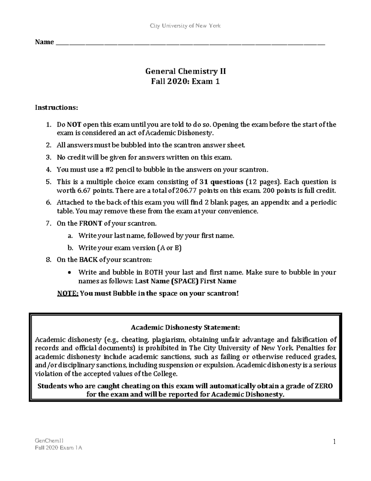 General Chemistry II (GenChem II) Fall 2020 - Exam 1A Guide - Studocu