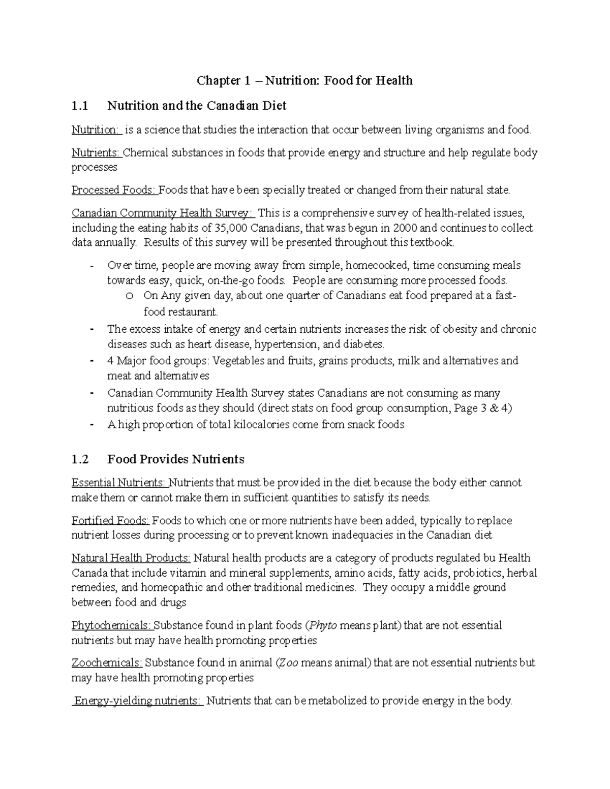 Chapter 1 - Lecture and textbook Notes - Chapter 1 – Nutrition: Food ...