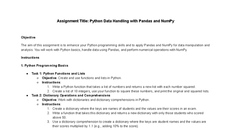 Python Data Handling Assignment: Pandas & NumPy (ML 2) - Studocu