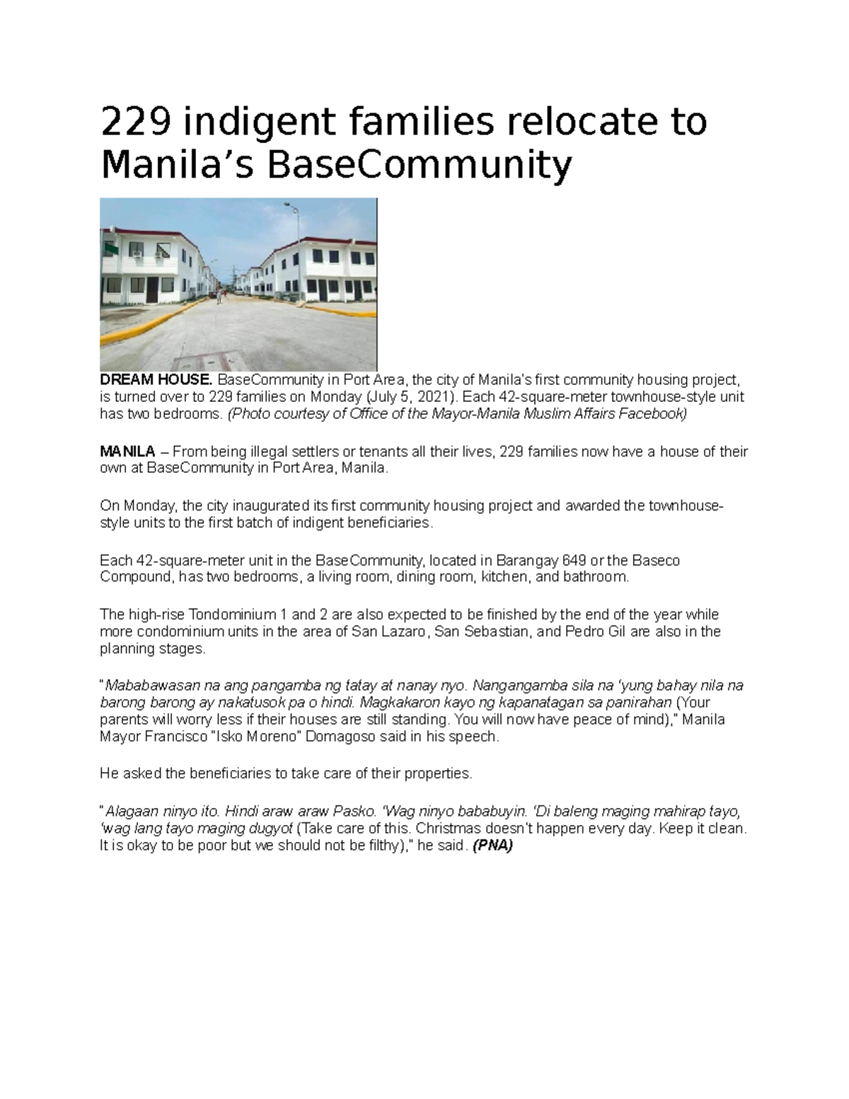 Community Housing Project for Indigent Families in Manila - Studocu