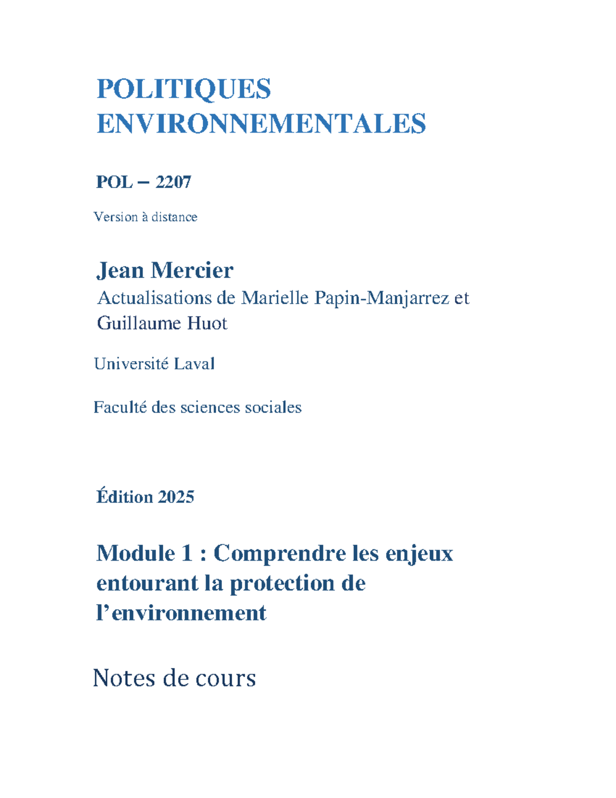 Notes de cours Module 1 2025 publi%C3%A9 - POLITIQUES ENVIRONNEMENTALES ...